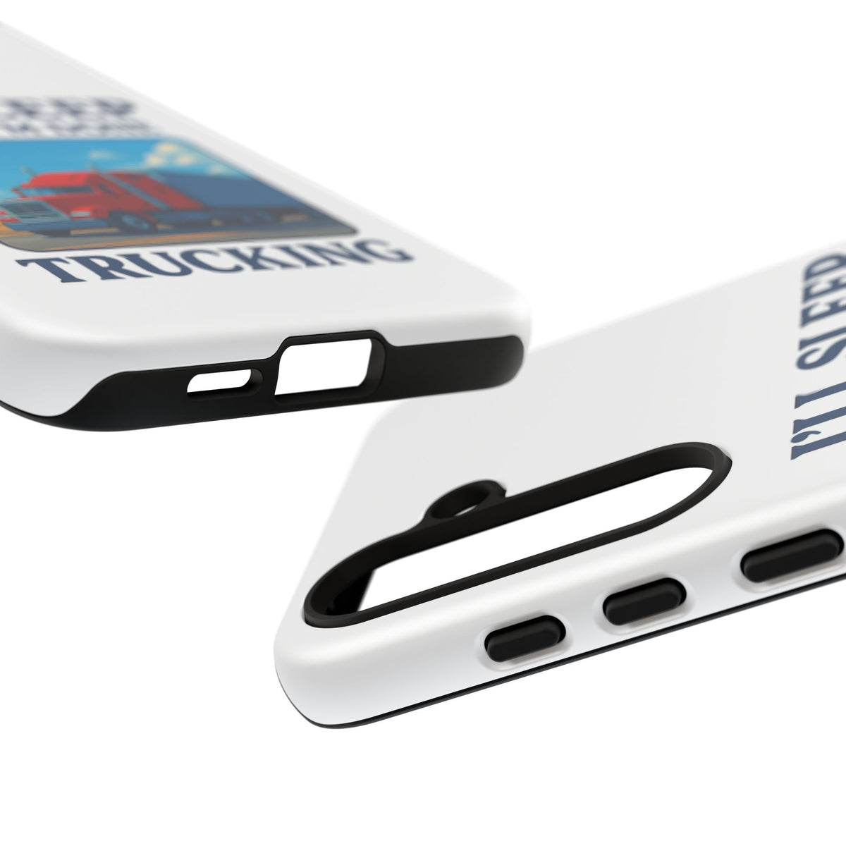 Glossy iPhone 16 Pro trucker phone case with humorous "I'll Sleep When I'm Done Trucking" design by Printify.