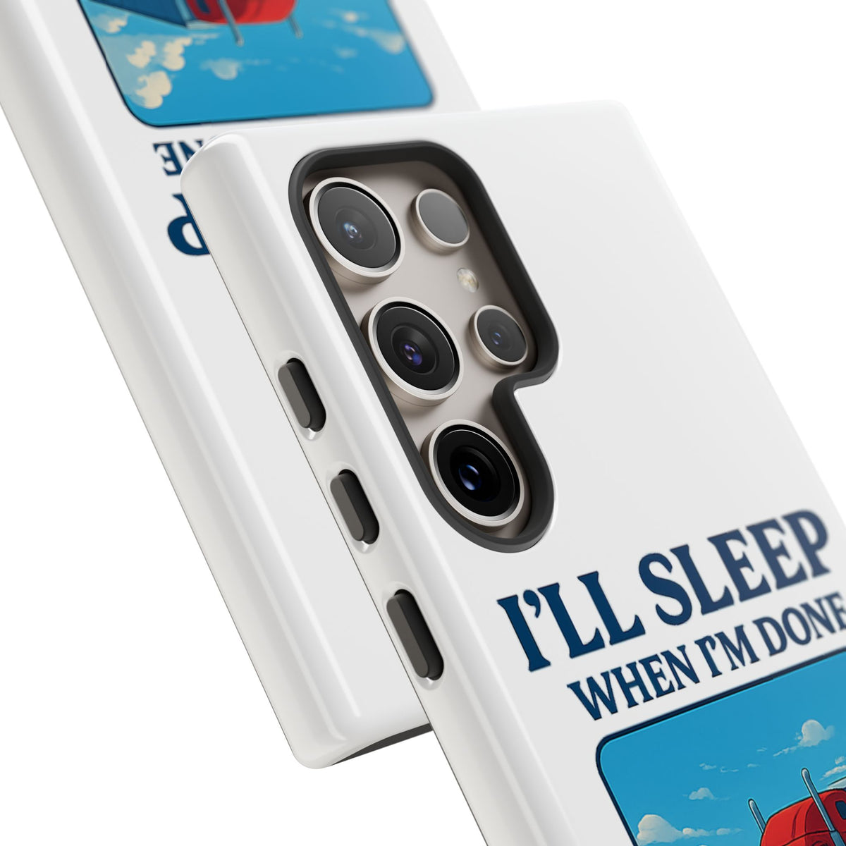 Glossy iPhone 16 Pro trucker phone case with "I'll Sleep When I'm Done Trucking" design by Printify.
