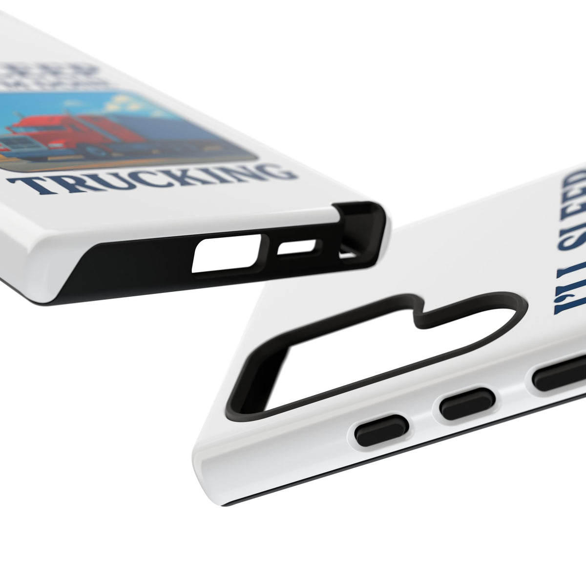 Glossy iPhone 16 Pro trucker phone case with "I'll Sleep When I'm Done Trucking" design by Printify featuring a trucking theme.