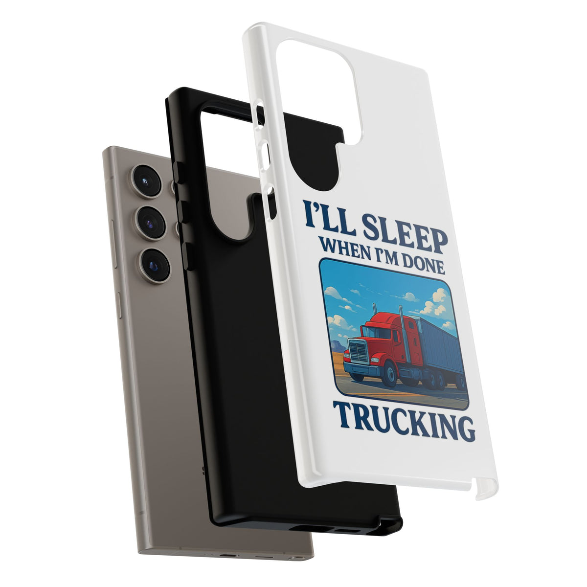 Glossy iPhone 16 Pro trucker phone case with "I'll Sleep When I'm Done Trucking" design by Printify