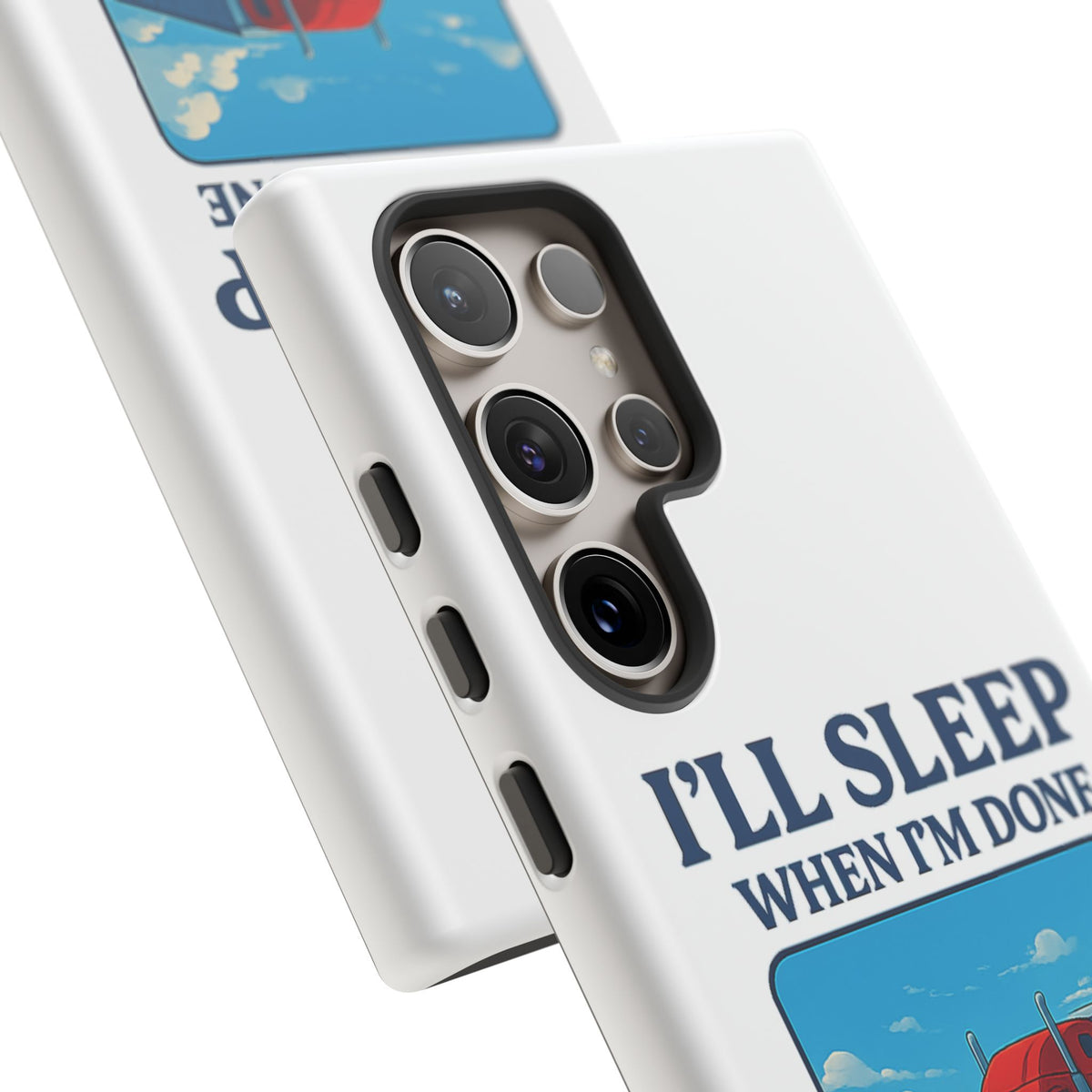 Glossy iPhone 16 Pro trucker phone case with "I'll Sleep When I'm Done Trucking" design by Printify, featuring a trucking-themed graphic.