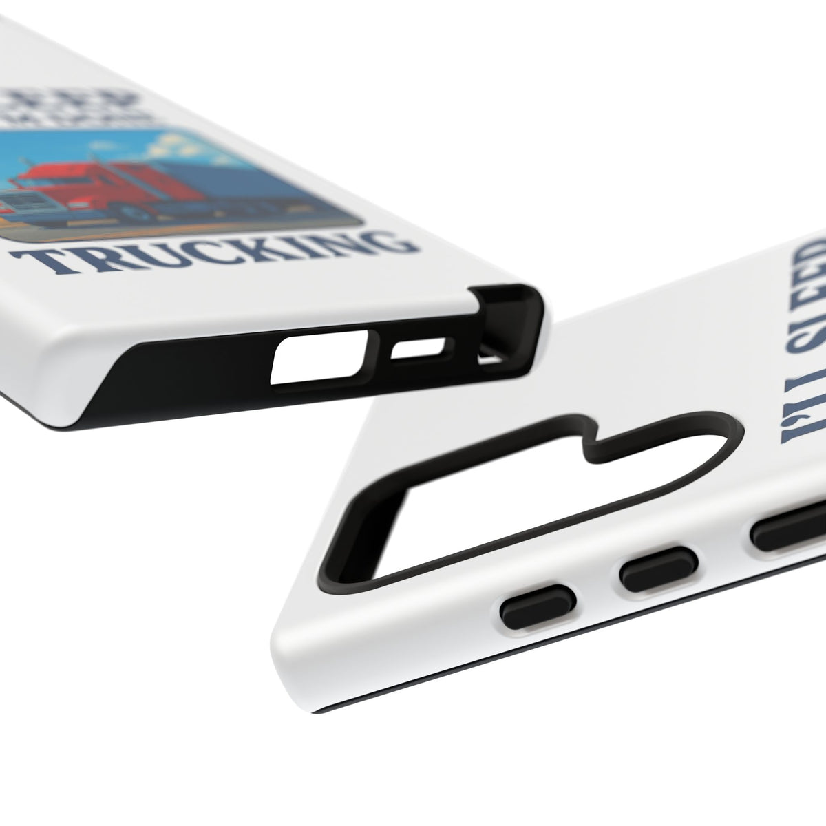 Glossy iPhone 16 Pro trucker phone case with the phrase "I'll Sleep When I'm Done Trucking" by Printify