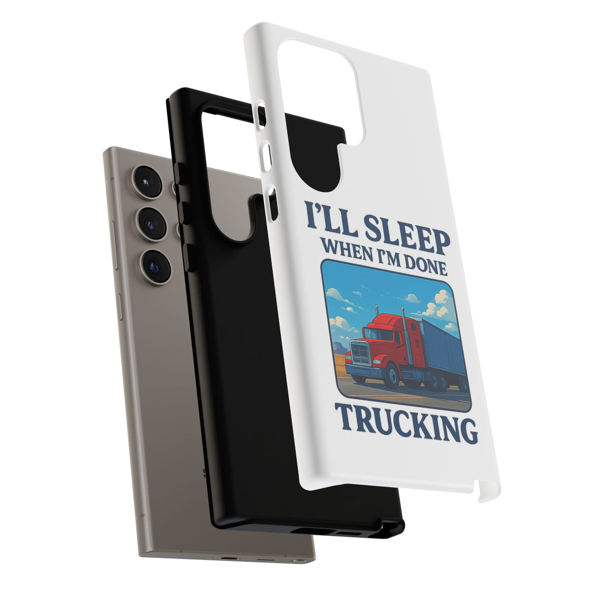 Glossy iPhone 16 Pro trucker phone case with "I'll Sleep When I'm Done Trucking" design by Printify.