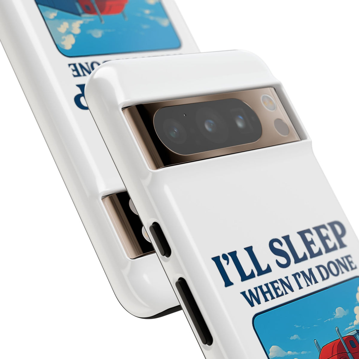 Glossy iPhone 16 Pro trucker phone case with the phrase "I'll Sleep When I'm Done Trucking" by Printify featuring truck graphic design.