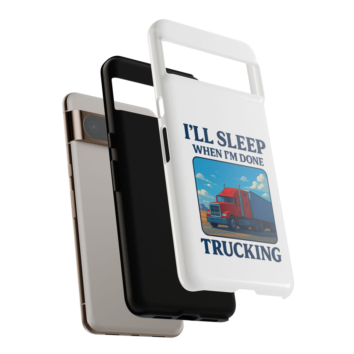 Glossy iPhone 16 Pro trucker phone case with "I'll Sleep When I'm Done Trucking" design by Printify featuring a trucking theme.