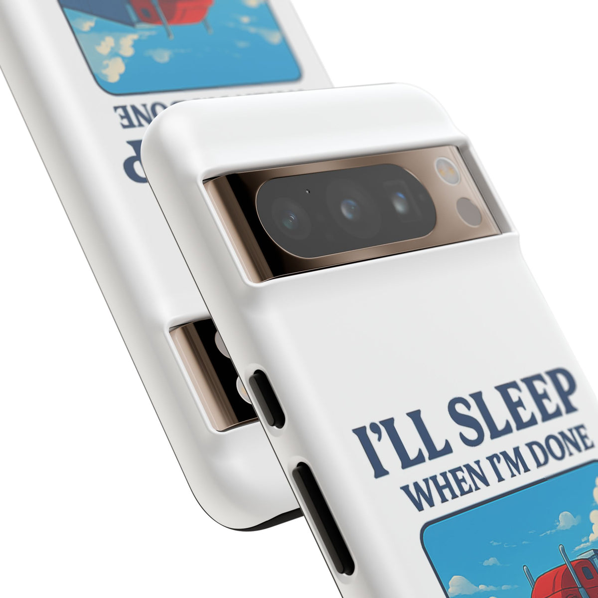 Glossy iPhone 16 Pro trucker phone case with "I'll Sleep When I'm Done Trucking" design by Printify
