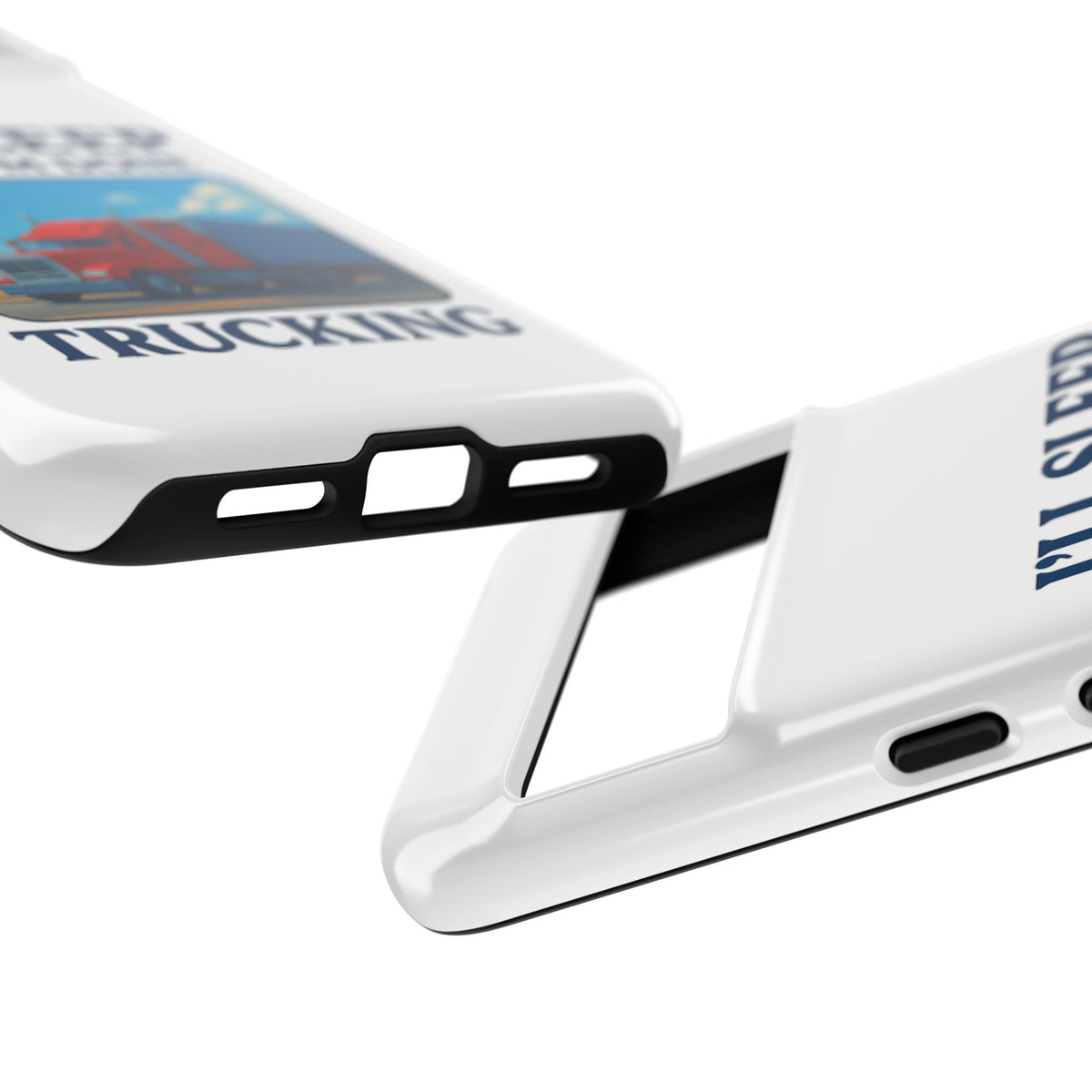 Glossy iPhone 16 Pro trucker phone case with humorous "I'll Sleep When I'm Done Trucking" print by Printify.