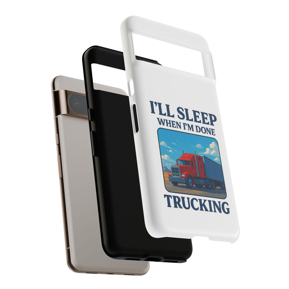 Glossy iPhone 16 Pro trucker phone case with humorous "I'll Sleep When I'm Done Trucking" print by Printify.