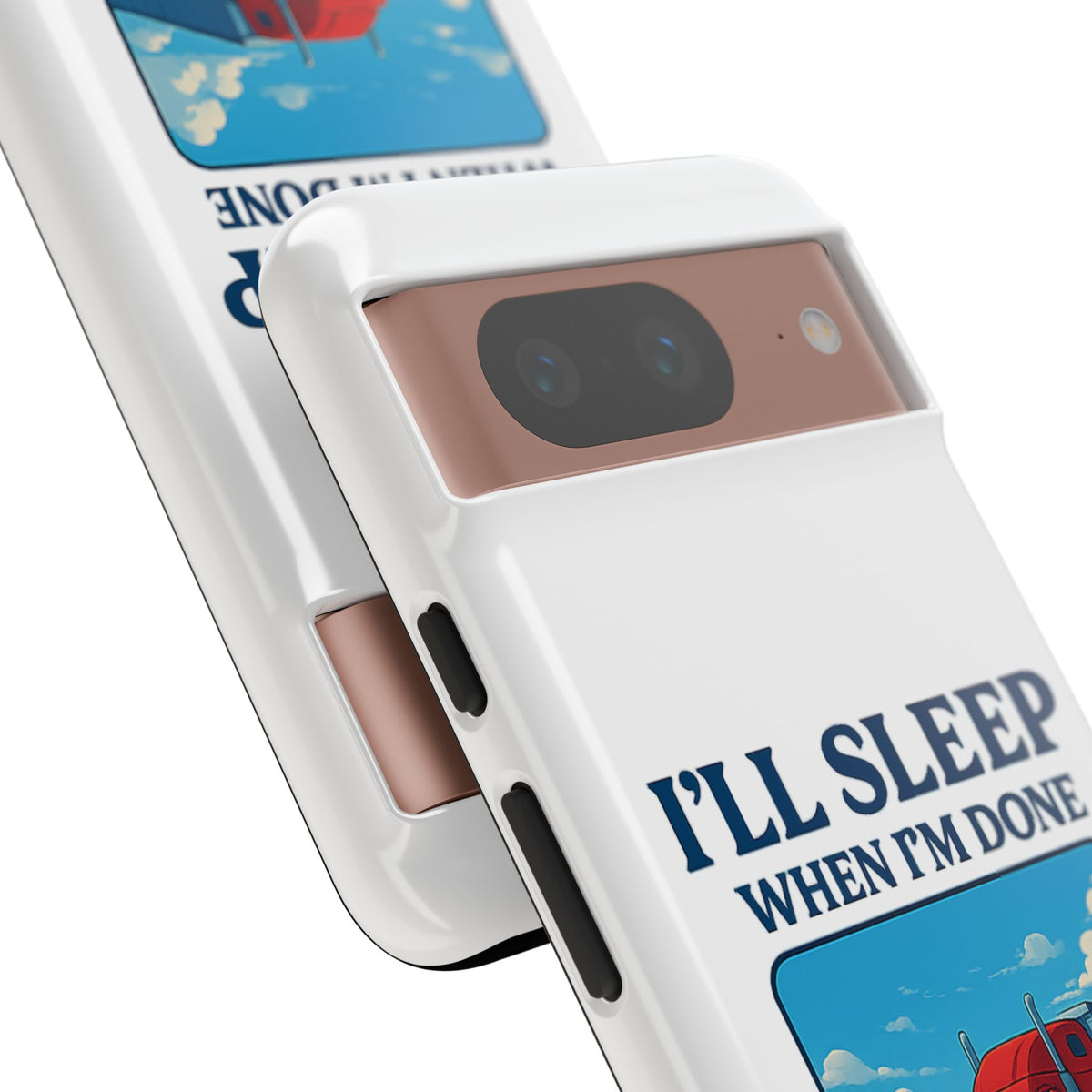 Glossy iPhone 16 Pro trucker phone case with humorous "I'll Sleep When I'm Done Trucking" design by Printify.