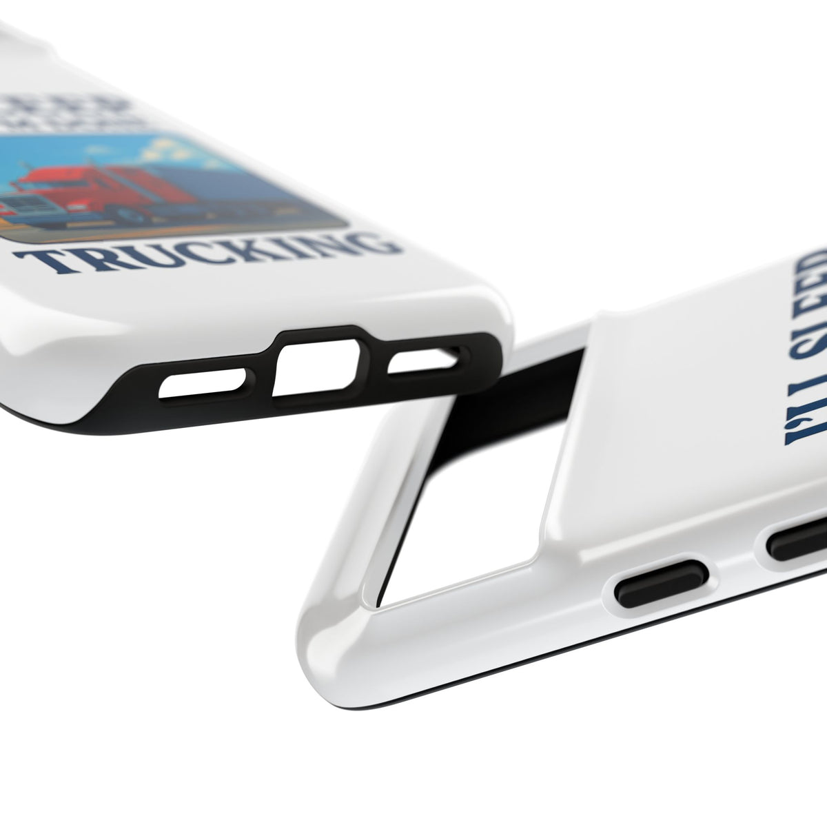 Glossy iPhone 16 Pro trucker phone case featuring the phrase "I'll Sleep When I'm Done Trucking" by Printify.