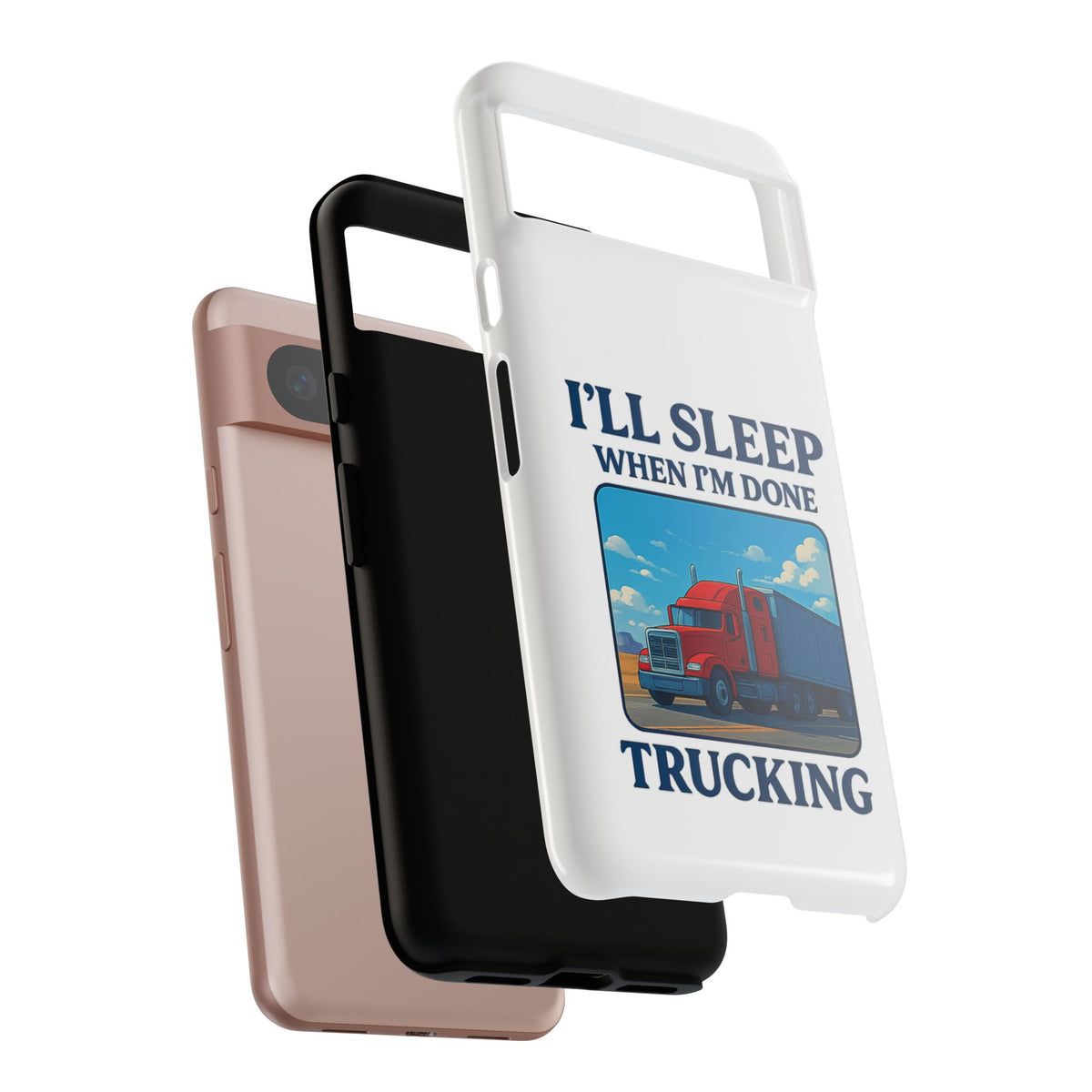 Glossy iPhone 16 Pro trucker phone case with humorous "I'll Sleep When I'm Done Trucking" design by Printify.