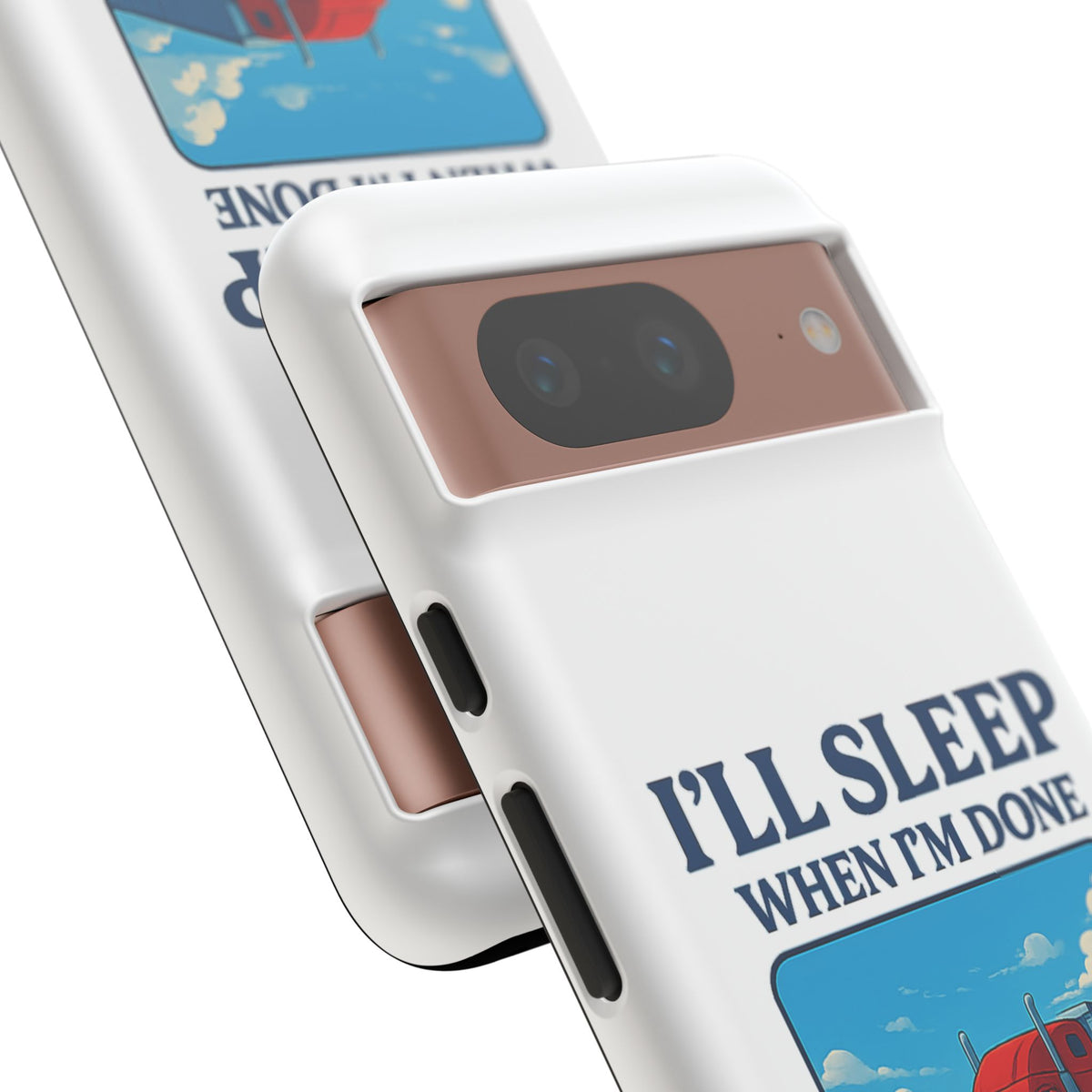 Glossy iPhone 16 Pro trucker phone case with "I'll Sleep When I'm Done Trucking" design by Printify featuring a trucking theme.