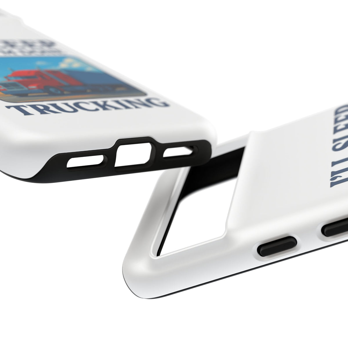 Glossy iPhone 16 Pro trucker phone case with humorous "I'll Sleep When I'm Done Trucking" design by Printify.
