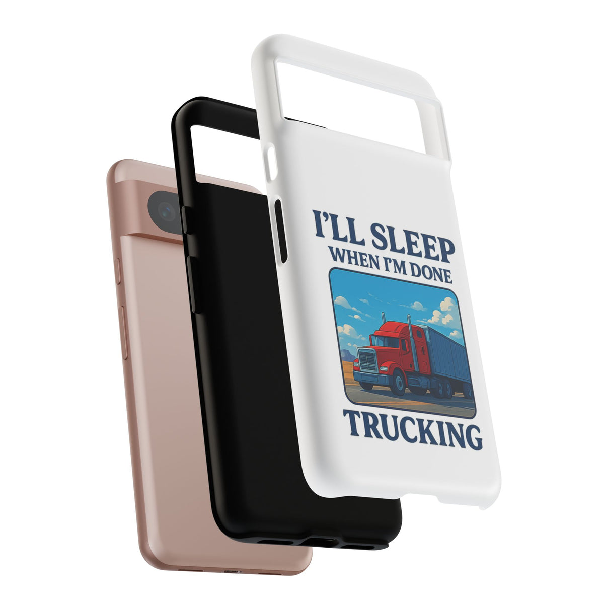 Glossy iPhone 16 Pro trucker phone case with "I'll Sleep When I'm Done Trucking" design by Printify, featuring a trucking theme.
