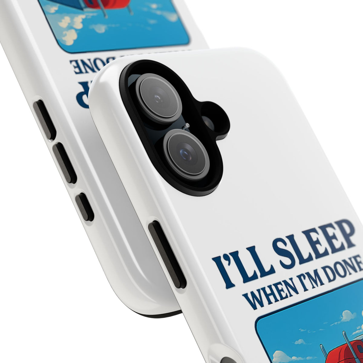 Glossy iPhone 16 Pro trucker phone case with humorous "I'll Sleep When I'm Done Trucking" print by Printify.