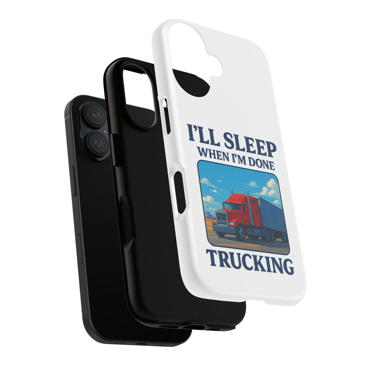 Glossy iPhone 16 Pro trucker phone case with "I'll Sleep When I'm Done Trucking" design by Printify, featuring a trucking theme.
