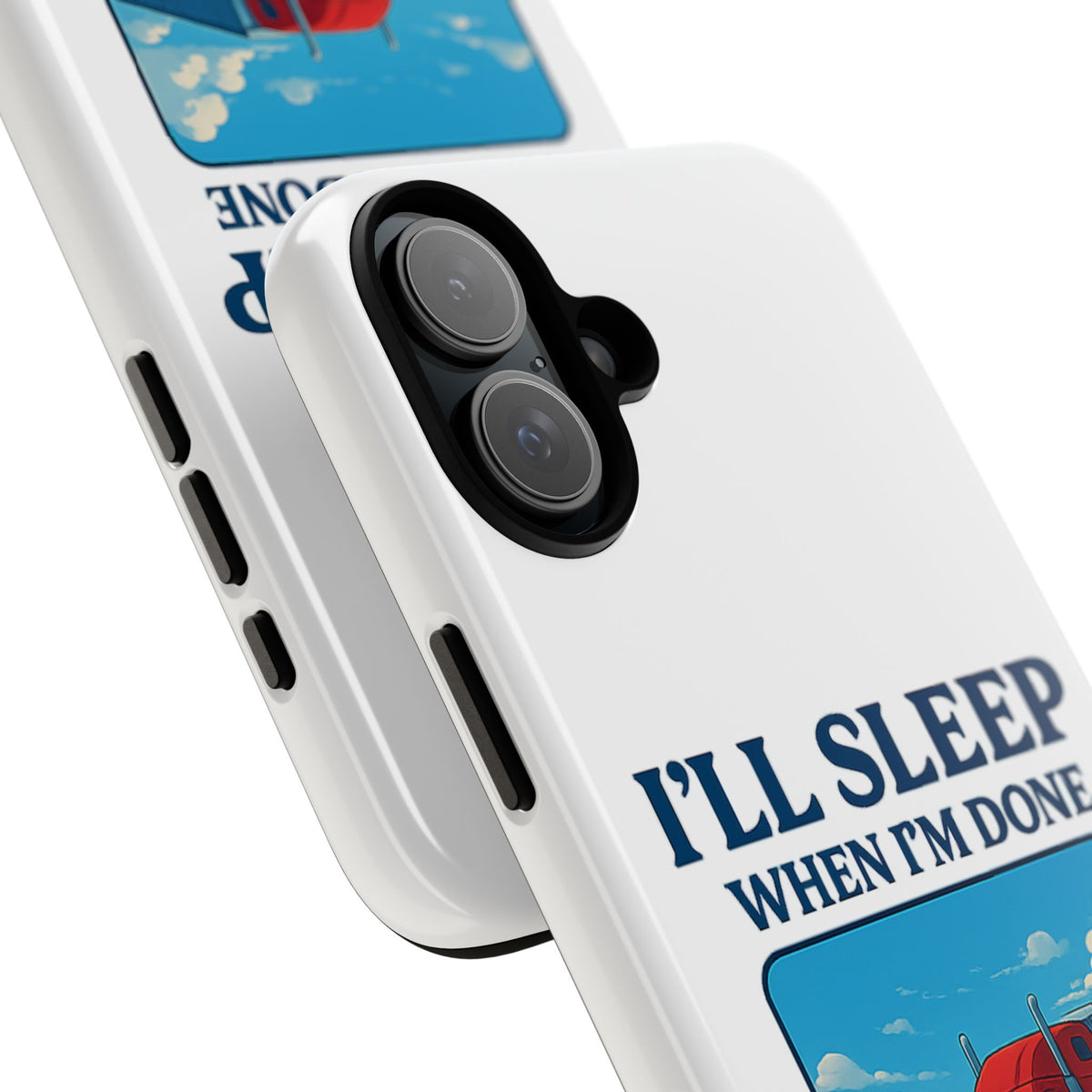 Glossy iPhone 16 Pro trucker phone case with humorous "I'll Sleep When I'm Done Trucking" design by Printify.