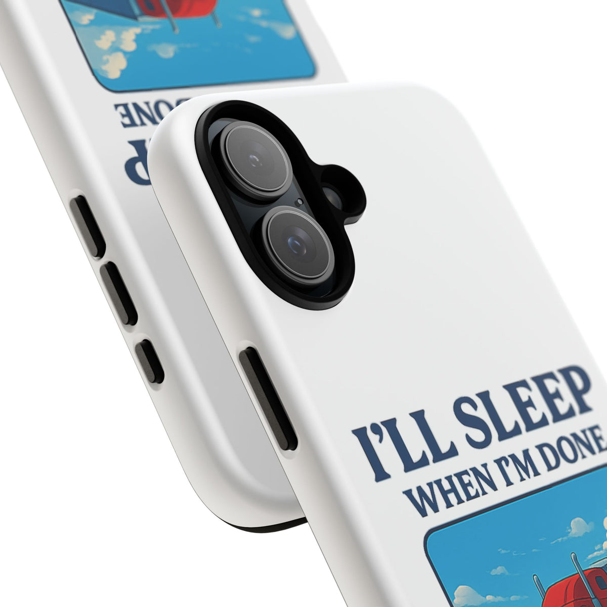 Glossy iPhone 16 Pro trucker phone case with "I'll Sleep When I'm Done Trucking" print from Printify.