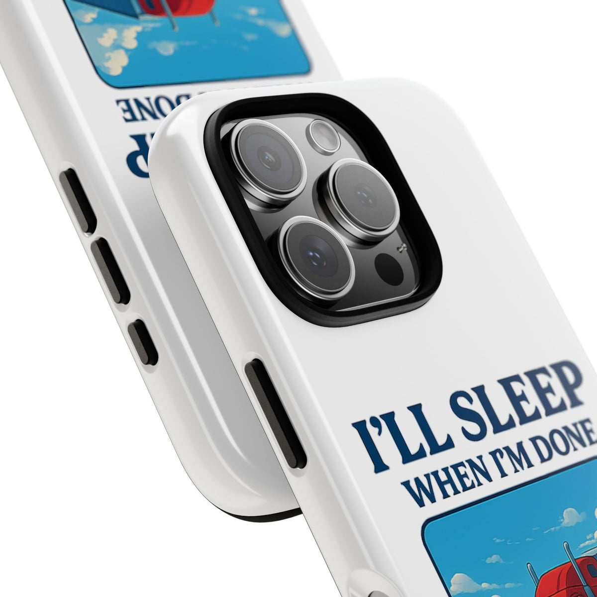 Glossy iPhone 16 Pro trucker phone case with "I'll Sleep When I'm Done Trucking" design by Printify