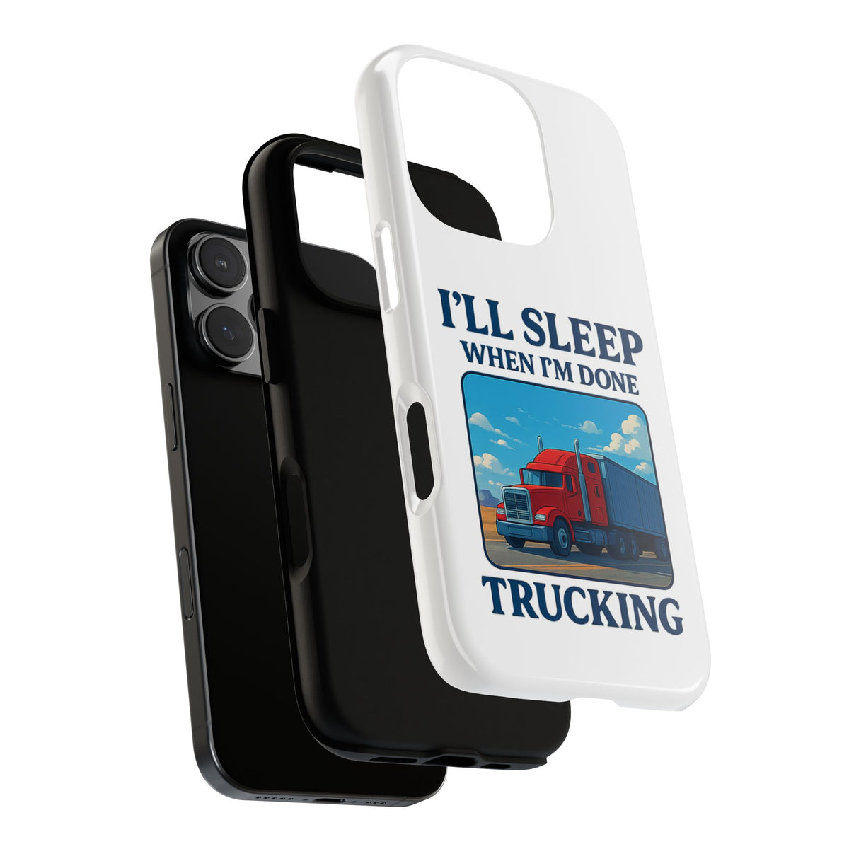 Glossy iPhone 16 Pro trucker phone case with humorous "I'll Sleep When I'm Done Trucking" design by Printify.