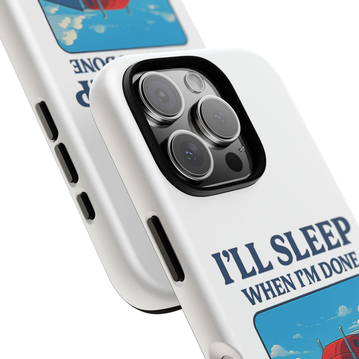 Glossy iPhone 16 Pro trucker phone case with "I'll Sleep When I'm Done Trucking" design by Printify, featuring a trucking theme.