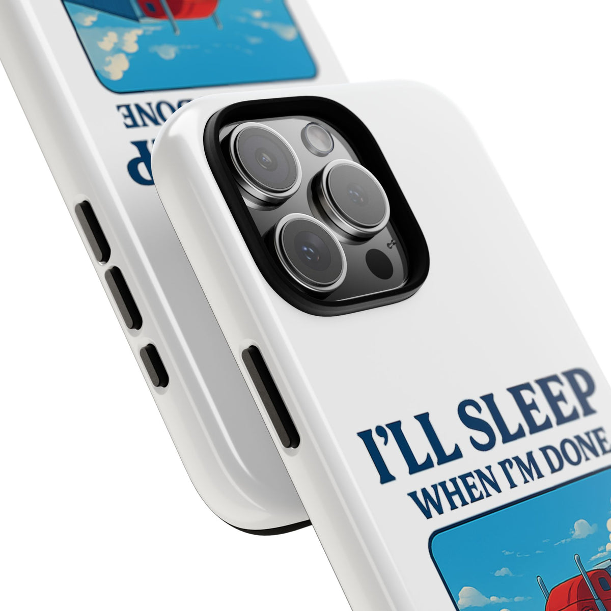 Glossy iPhone 16 Pro trucker phone case with "I'll Sleep When I'm Done Trucking" print by Printify, featuring a rugged trucker design.