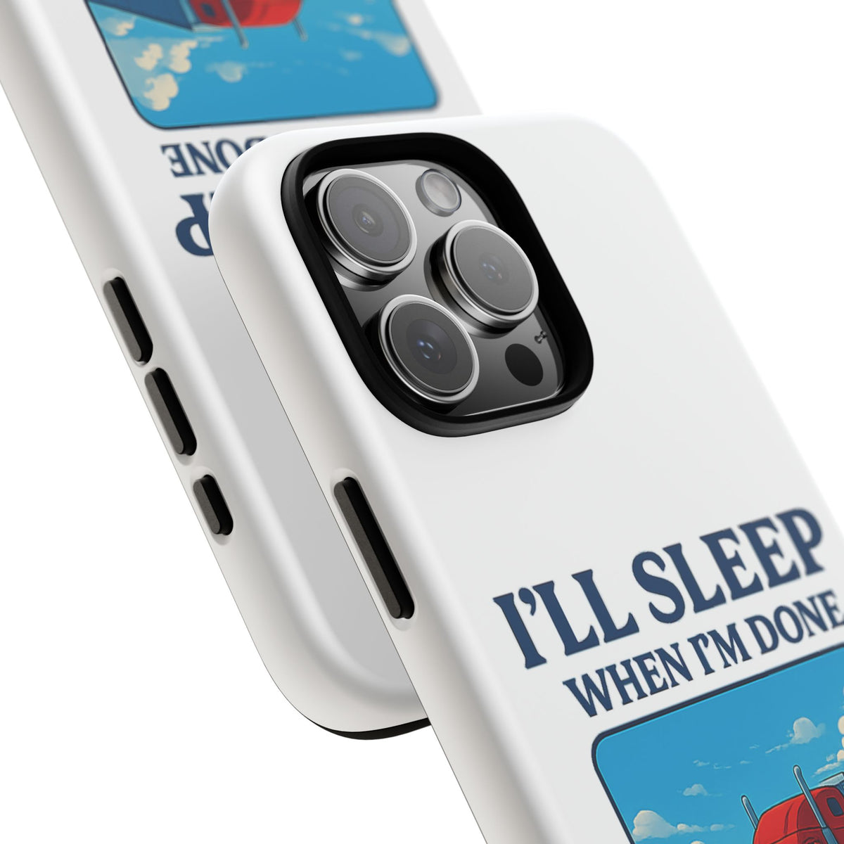 Glossy iPhone 16 Pro trucker phone case with humorous "I'll Sleep When I'm Done Trucking" design by Printify.