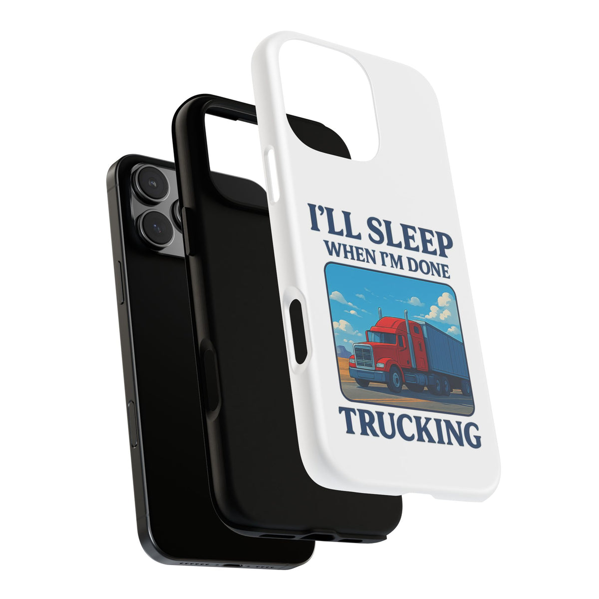 Glossy iPhone 16 Pro trucker phone case with "I'll Sleep When I'm Done Trucking" design by Printify, featuring a trucking theme.
