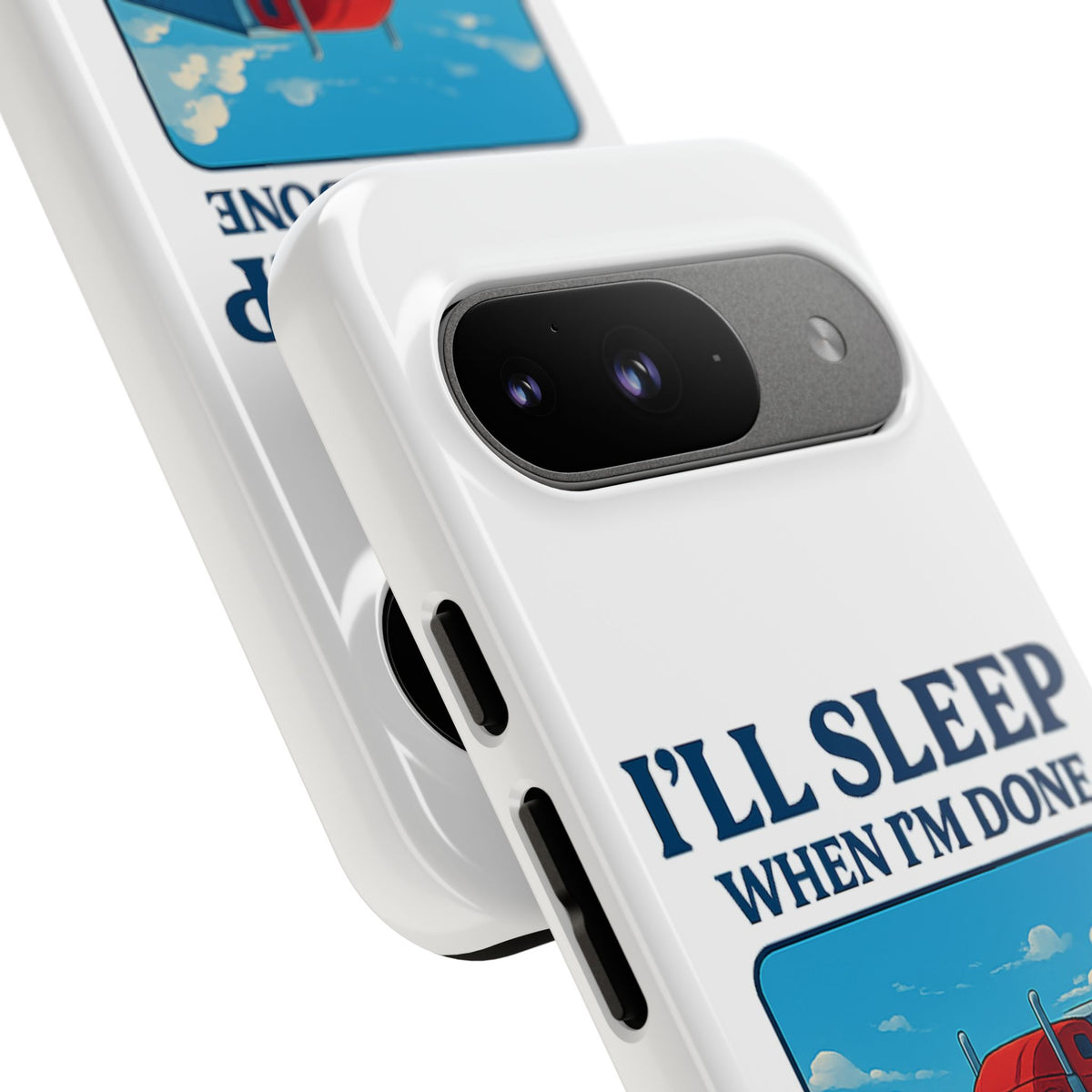 Glossy iPhone 16 Pro trucker phone case with "I'll Sleep When I'm Done Trucking" print, designed by Printify.