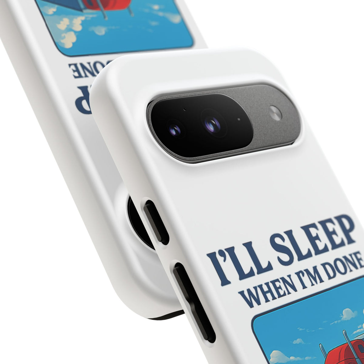 Glossy iPhone 16 Pro trucker phone case with "I'll Sleep When I'm Done Trucking" print from Printify featuring trucker-themed design.