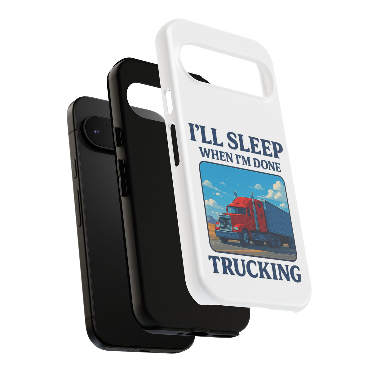 Glossy iPhone 16 Pro trucker phone case with "I'll Sleep When I'm Done Trucking" design by Printify, featuring a trucking theme.