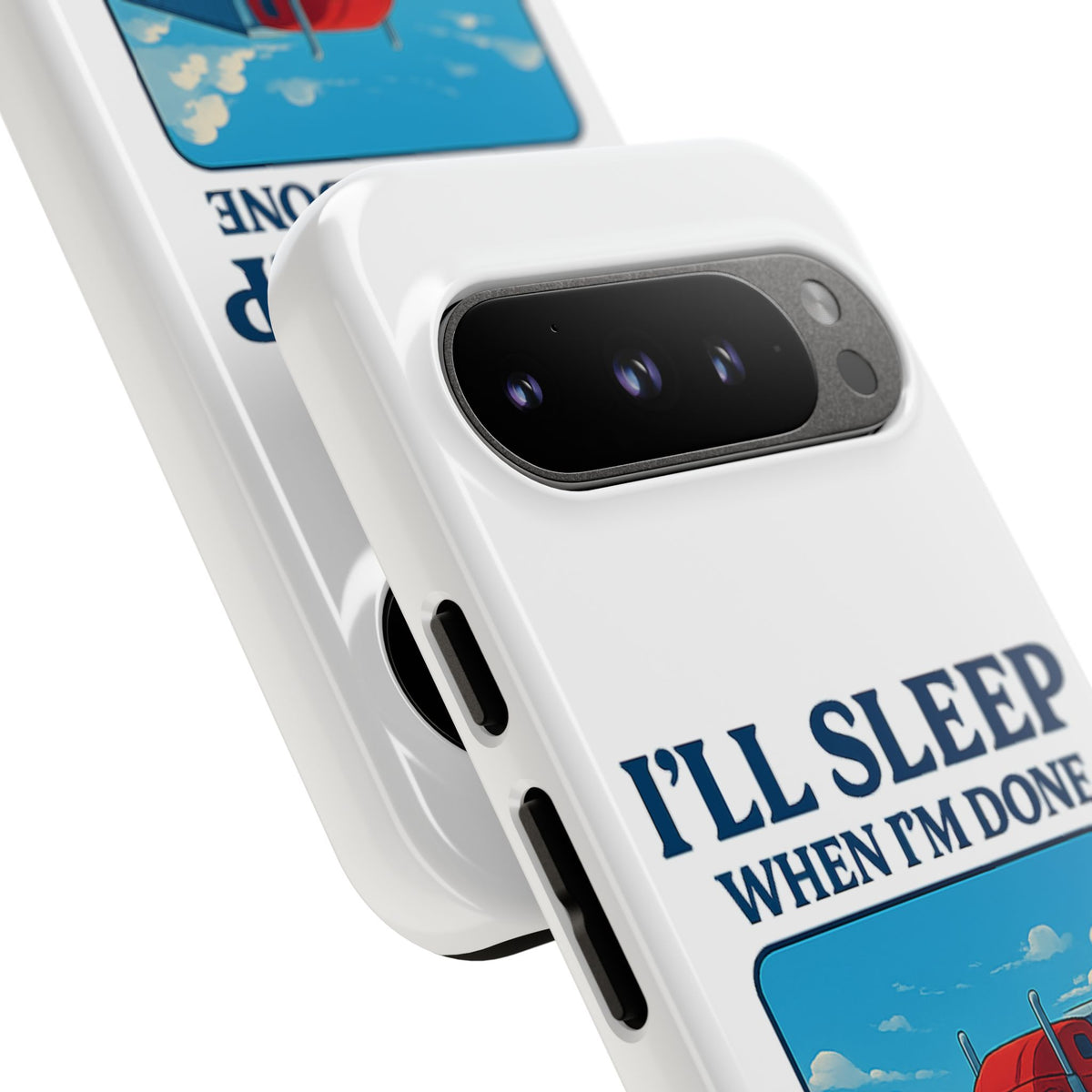 Glossy iPhone 16 Pro trucker phone case with humorous "I'll Sleep When I'm Done Trucking" design by Printify.