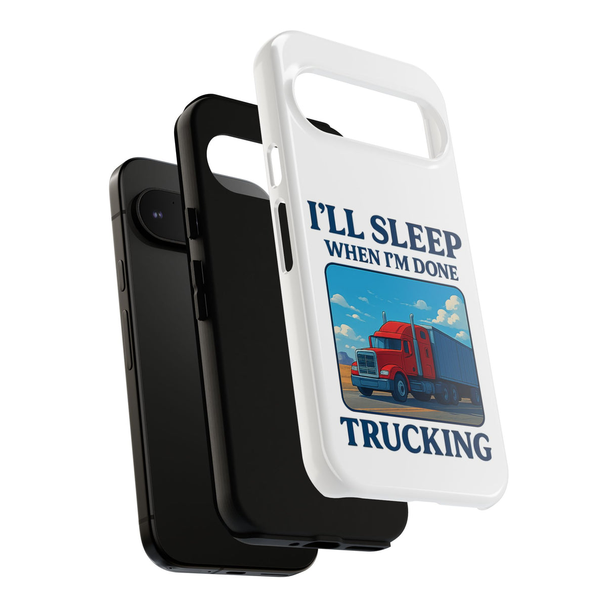 Glossy iPhone 16 Pro trucker phone case with "I'll Sleep When I'm Done Trucking" design by Printify featuring a trucking theme.