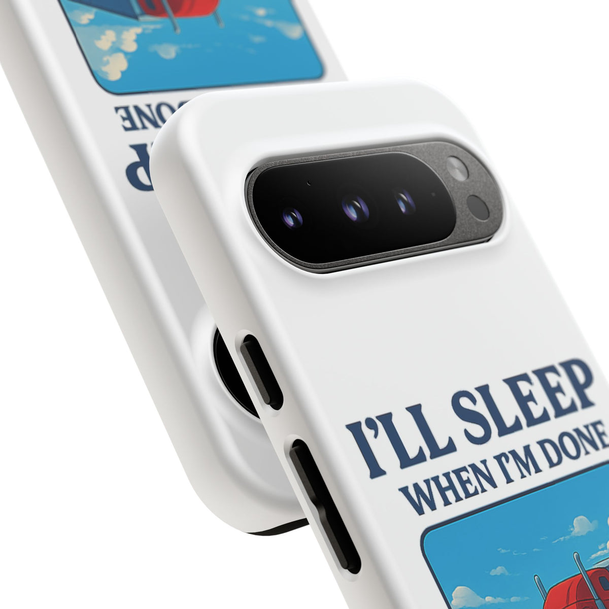 Glossy iPhone 16 Pro trucker phone case with "I'll Sleep When I'm Done Trucking" print, featuring a trucker-themed design.
