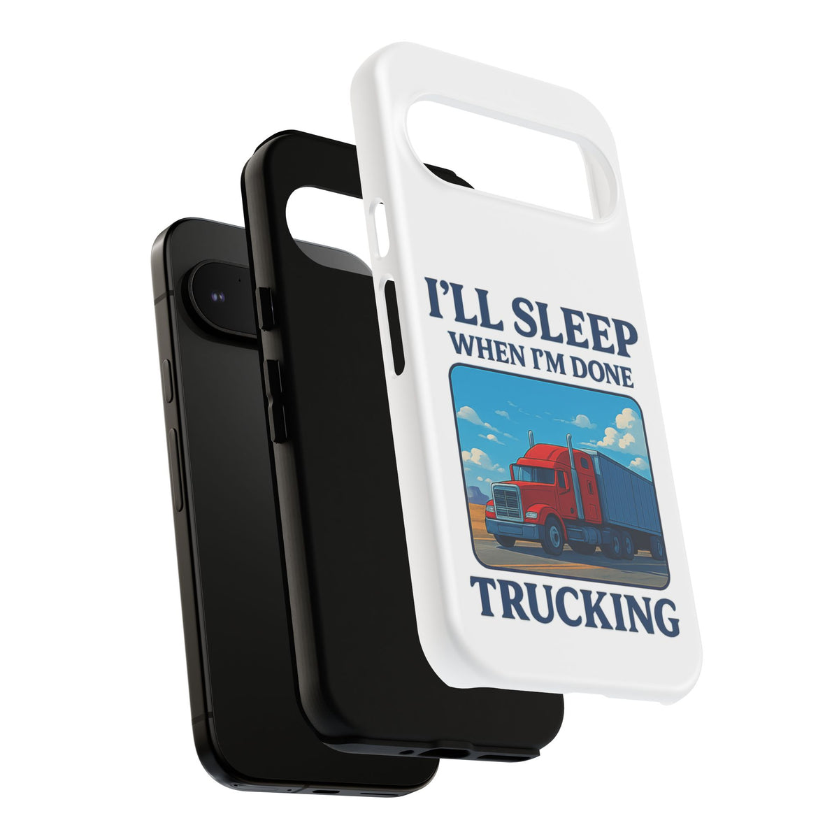 Glossy iPhone 16 Pro trucker phone case with humorous "I'll Sleep When I'm Done Trucking" design by Printify.