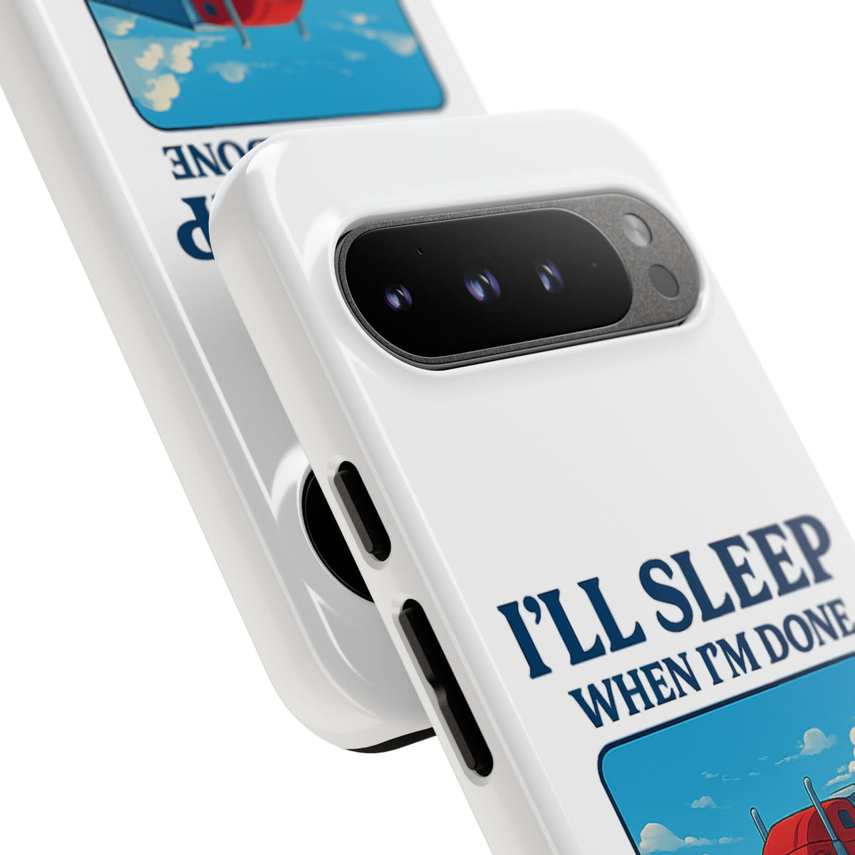 Glossy iPhone 16 Pro trucker phone case with humorous "I'll Sleep When I'm Done Trucking" design by Printify.