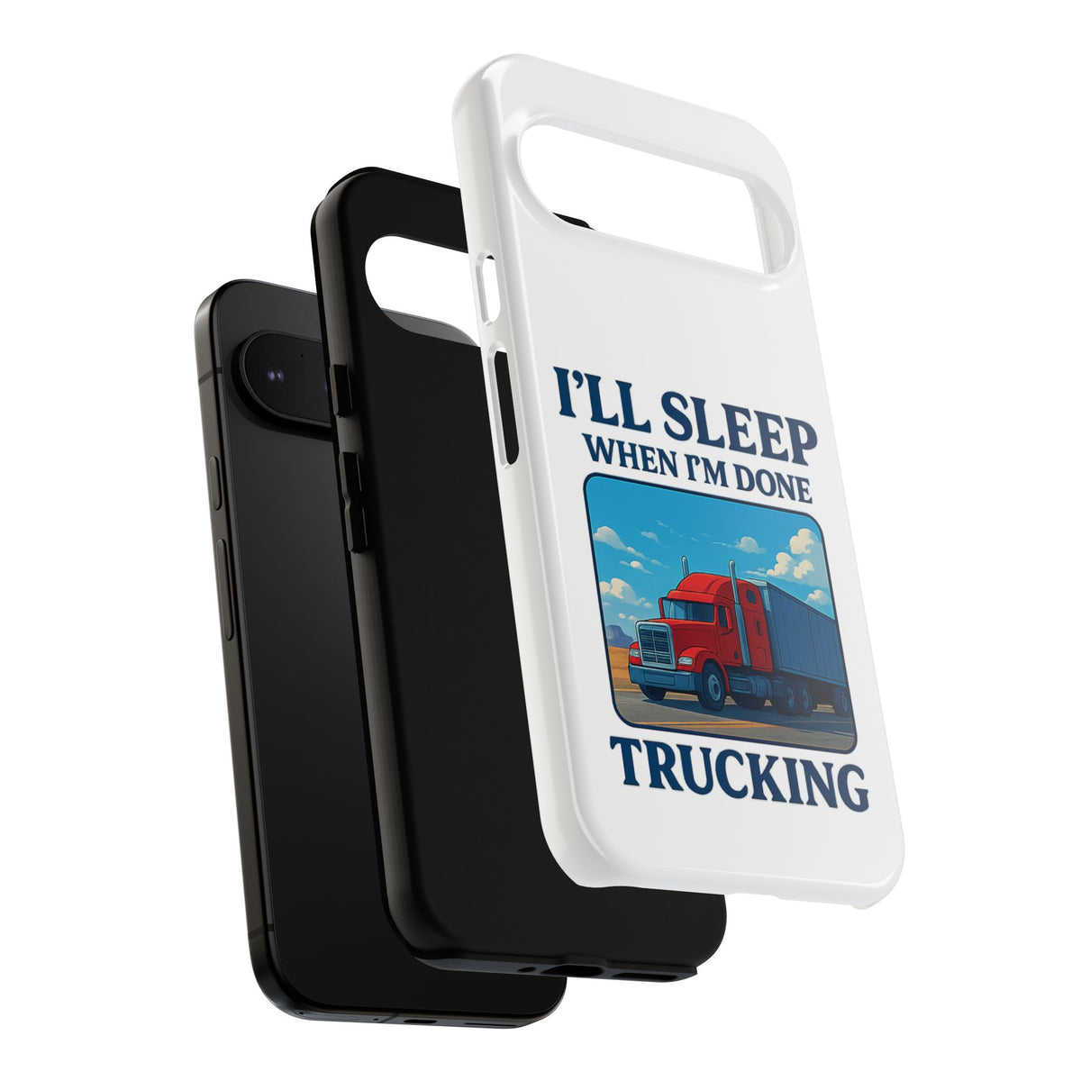 Glossy iPhone 16 Pro trucker phone case with humorous "I'll Sleep When I'm Done Trucking" print by Printify.