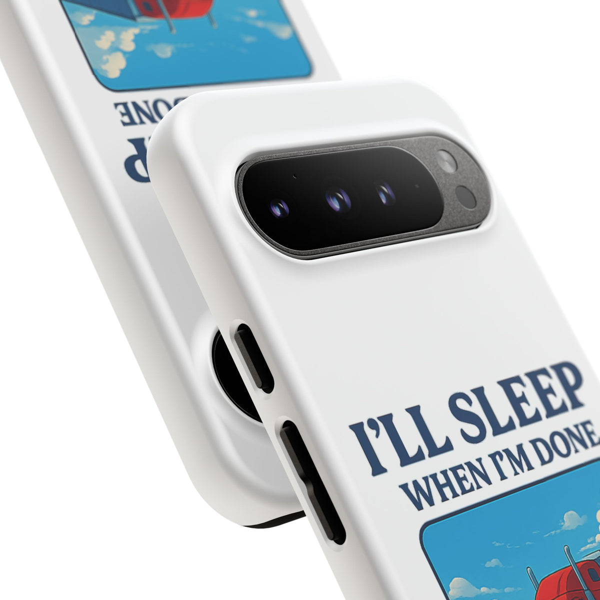 Glossy iPhone 16 Pro trucker phone case with humorous "I'll Sleep When I'm Done Trucking" design by Printify