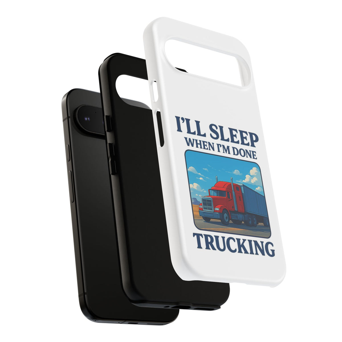 Glossy iPhone 16 Pro trucker phone case with humorous "I'll Sleep When I'm Done Trucking" design by Printify.