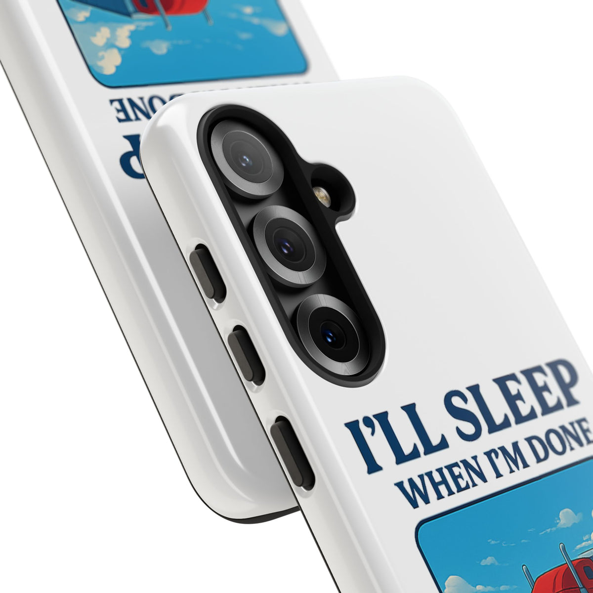 Glossy iPhone 16 Pro trucker phone case with "I'll Sleep When I'm Done Trucking" design by Printify, featuring a trucking theme.