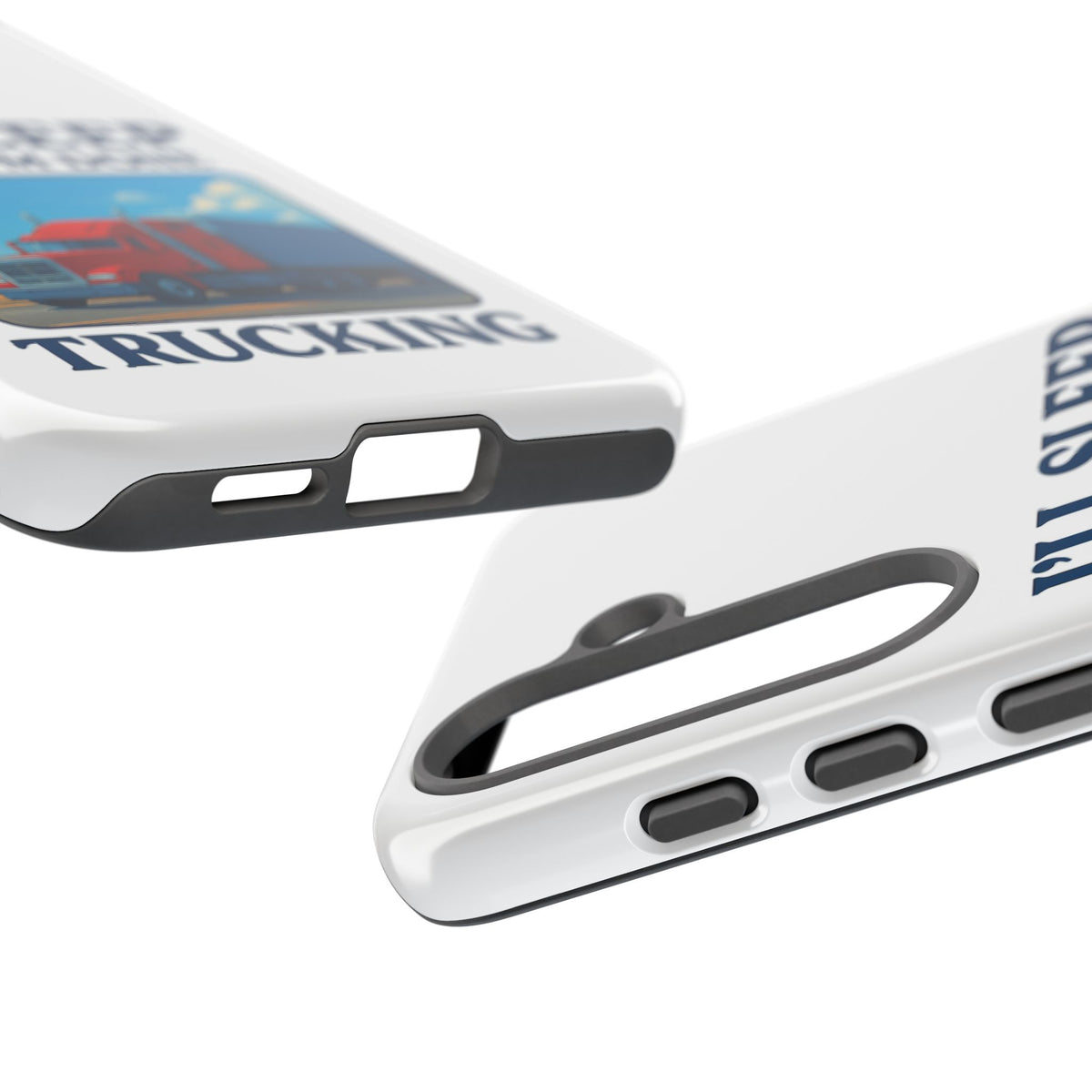 Glossy iPhone 16 Pro trucker phone case with humorous "I'll Sleep When I'm Done Trucking" print by Printify.