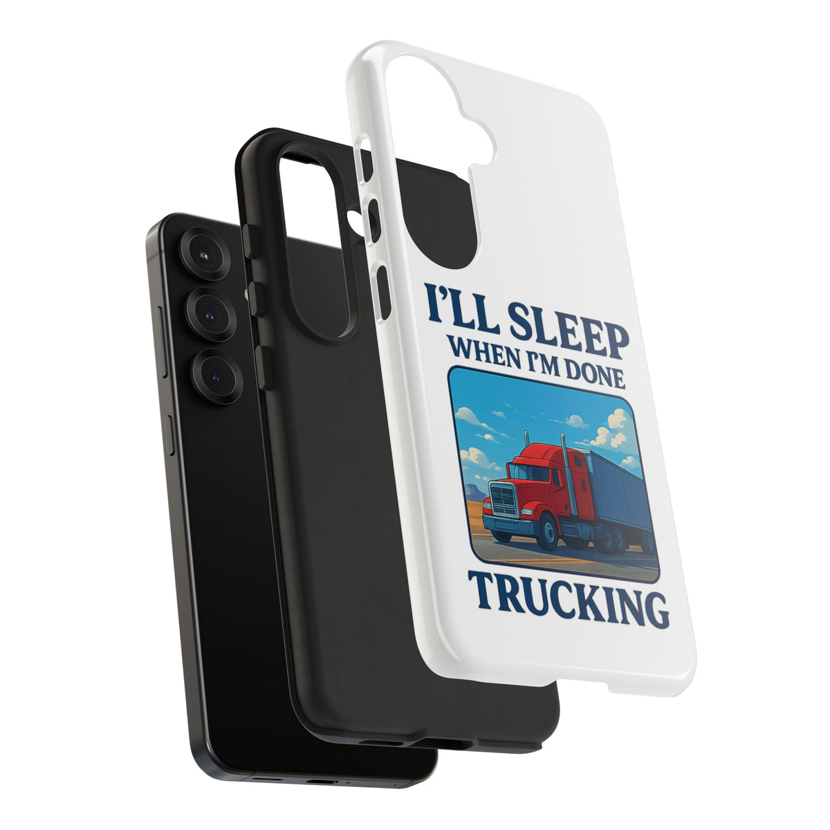 Glossy iPhone 16 Pro trucker phone case with humorous "I'll Sleep When I'm Done Trucking" design by Printify.