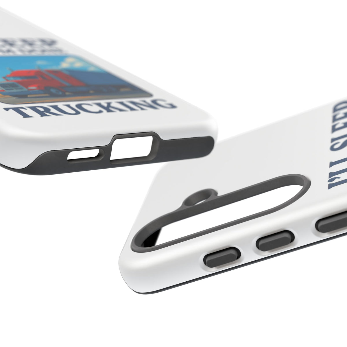 Glossy iPhone 16 Pro trucker phone case with "I'll Sleep When I'm Done Trucking" design by Printify, featuring a trucking theme.
