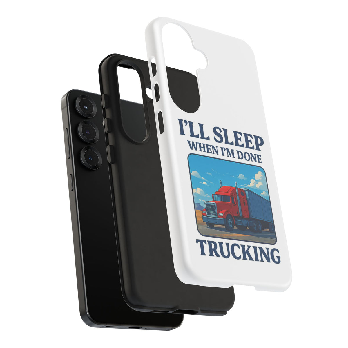 Glossy iPhone 16 Pro trucker phone case with humorous "I'll Sleep When I'm Done Trucking" design by Printify