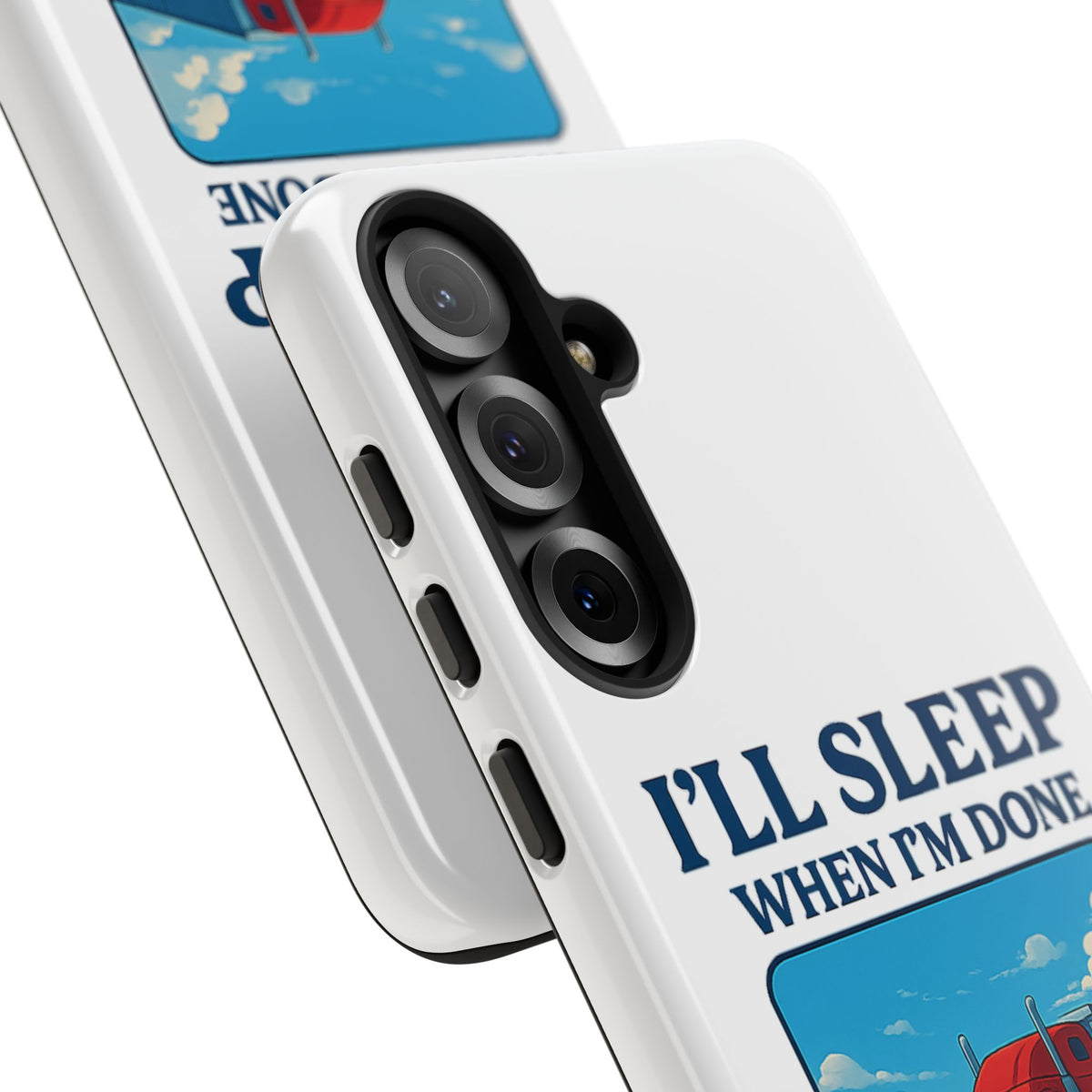 Glossy iPhone 16 Pro trucker phone case with "I'll Sleep When I'm Done Trucking" print by Printify.