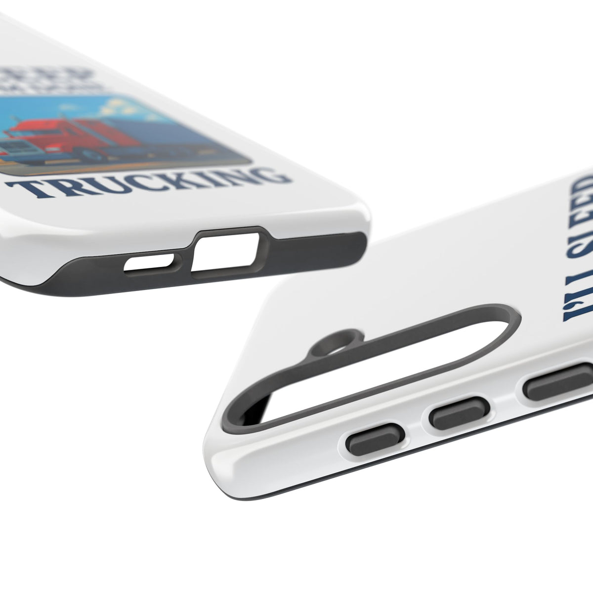 Glossy iPhone 16 Pro trucker phone case with "I'll Sleep When I'm Done Trucking" print by Printify, featuring a trucker design.