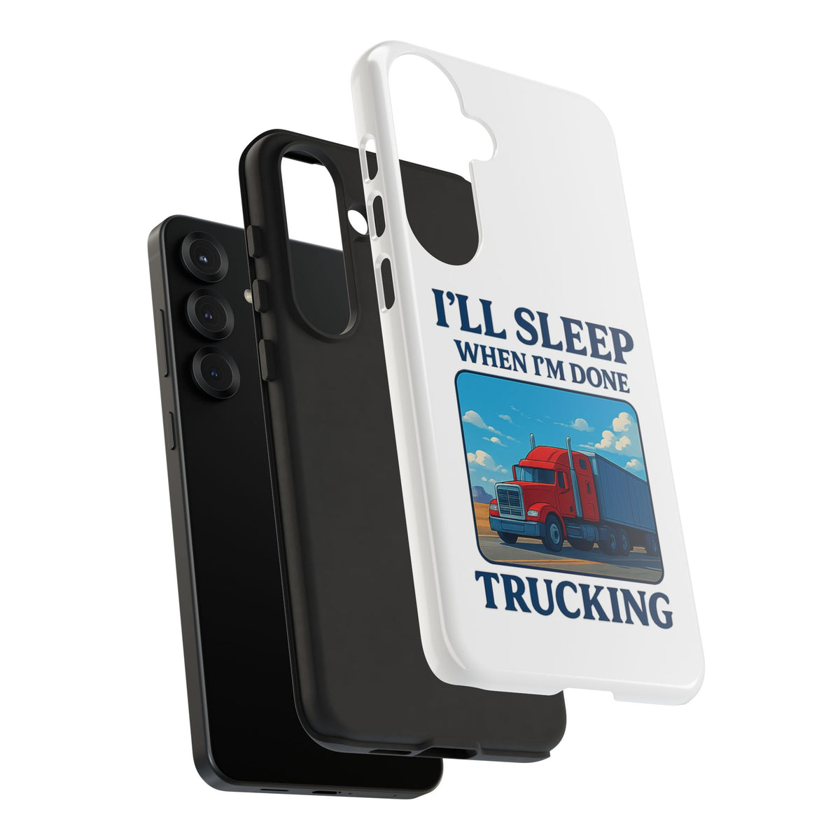 Glossy iPhone 16 Pro trucker phone case with "I'll Sleep When I'm Done Trucking" design by Printify, featuring a trucking theme.