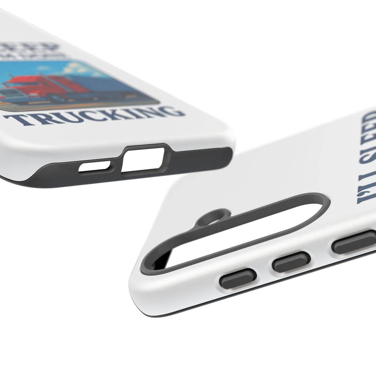 Glossy iPhone 16 Pro trucker phone case with "I'll Sleep When I'm Done Trucking" design by Printify, featuring a trucking theme.