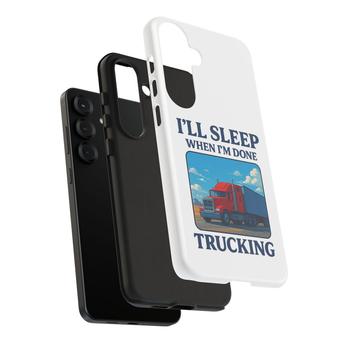 Glossy iPhone 16 Pro trucker phone case with humorous "I'll Sleep When I'm Done Trucking" design by Printify.