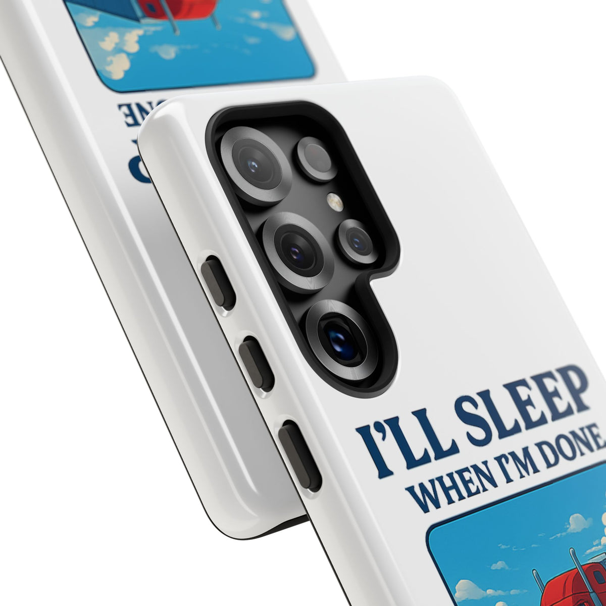 Glossy iPhone 16 Pro trucker phone case with "I'll Sleep When I'm Done Trucking" design by Printify, featuring a trucking theme.
